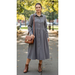 COLDWATER CREEK Gray Narrow Wale Corduroy Midi Dress Sz 6 Cottage Boho Lagenlook
